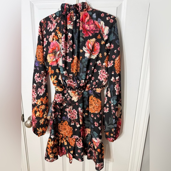 Torn Boston Proper Floral Wrap Mini Dress in Black with Pink & Orange Blooms XS - Picture 7 of 14